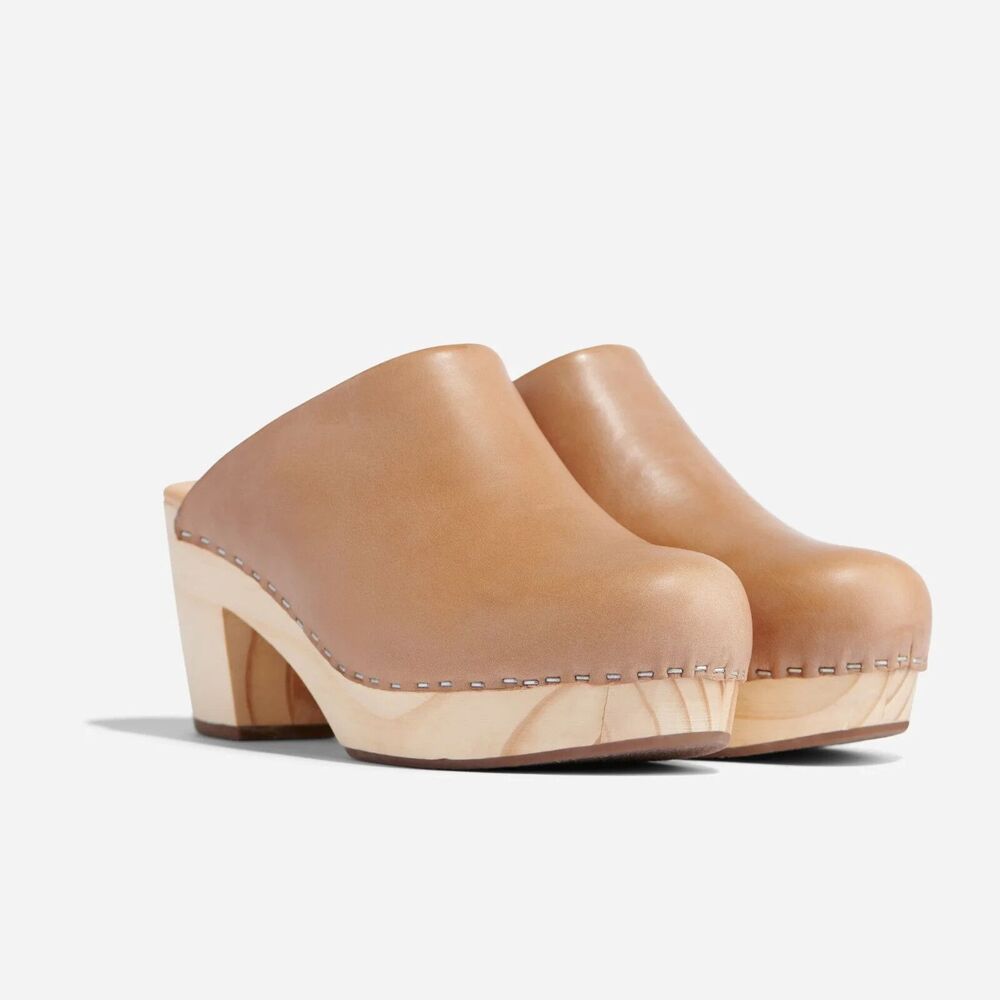 Nisolo Leather Closed Toe Slip On Wooden All‎ Day Mule Heeled Clogs ALMOND
